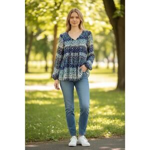 NorthStyle Blue Floral Flowy Lined Peasant Top Boho Shirt Tie Neck Womens Size M